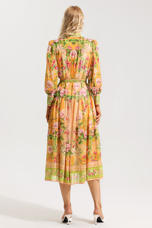Floral Bottom Lantern Sleeve Midi Dress With Belt