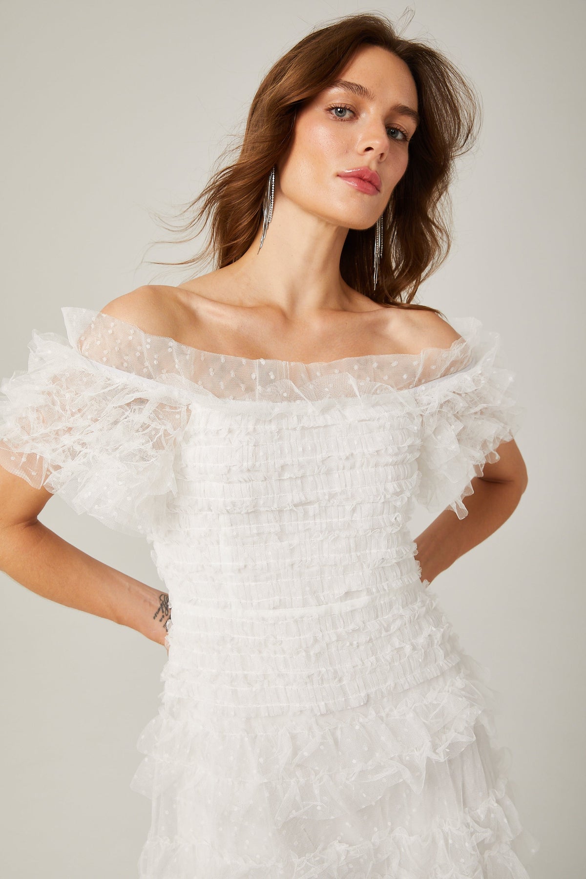 joyce ruffled tulle tiered strapless midi dress in white