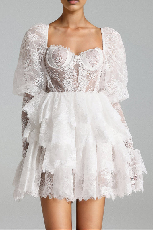 Uiala Lace Puff Sleeves Mini Dress