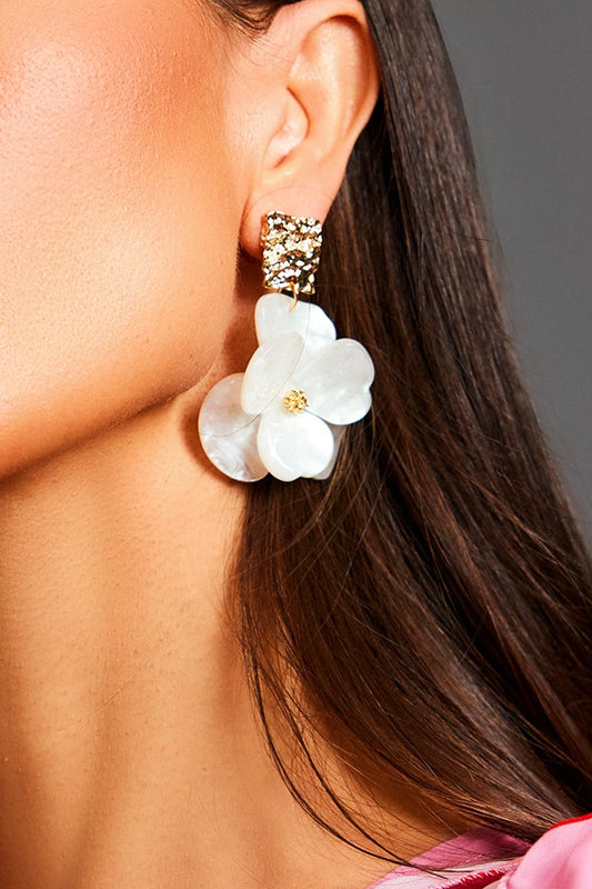 Textured Gold Square Mother-of-Pearl Floral Drop Earrings
