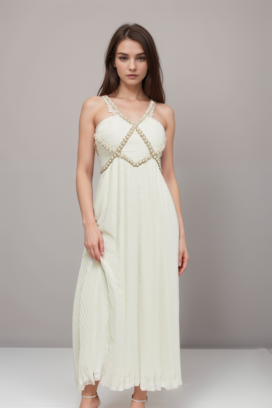Hermine V-neck faux-pearl embellished midi dress