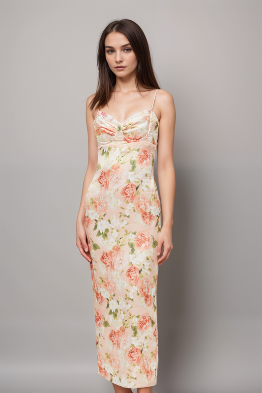 Yvette pink floral-print satin maxi dress