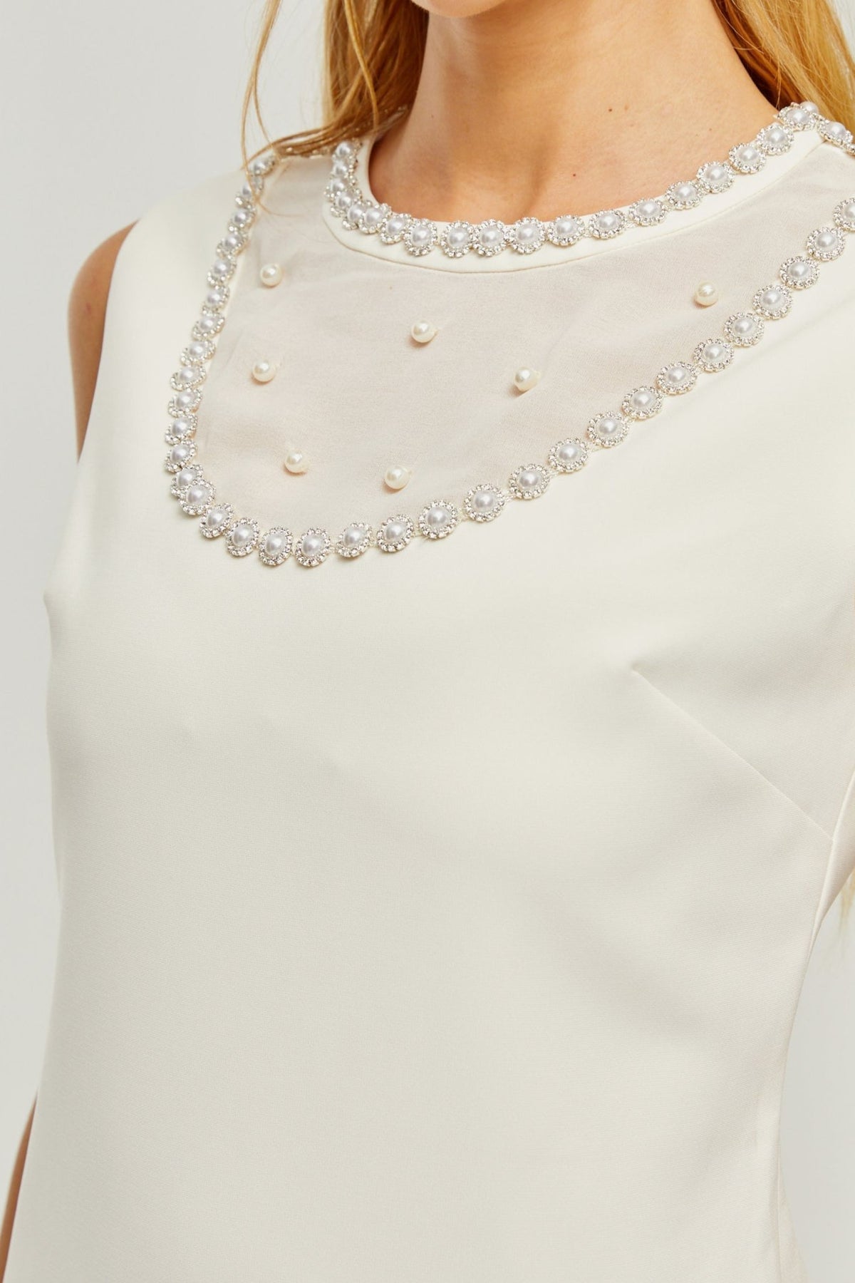 Yvonne sleeveless faux-pearl mini dress