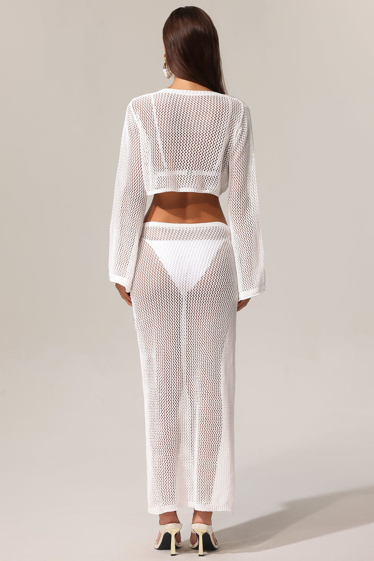 White Mesh Knit Tie Front Cropped Cover-Up Top & Split Maxi Skirt Two-Piece Set