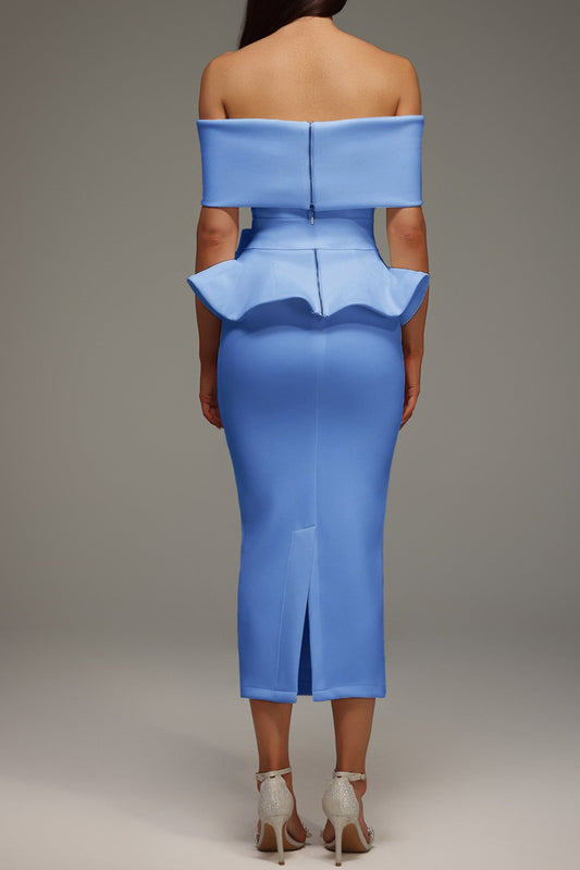Eleanore Off The Shoulder Ruffled Edge Blue Midi Dress