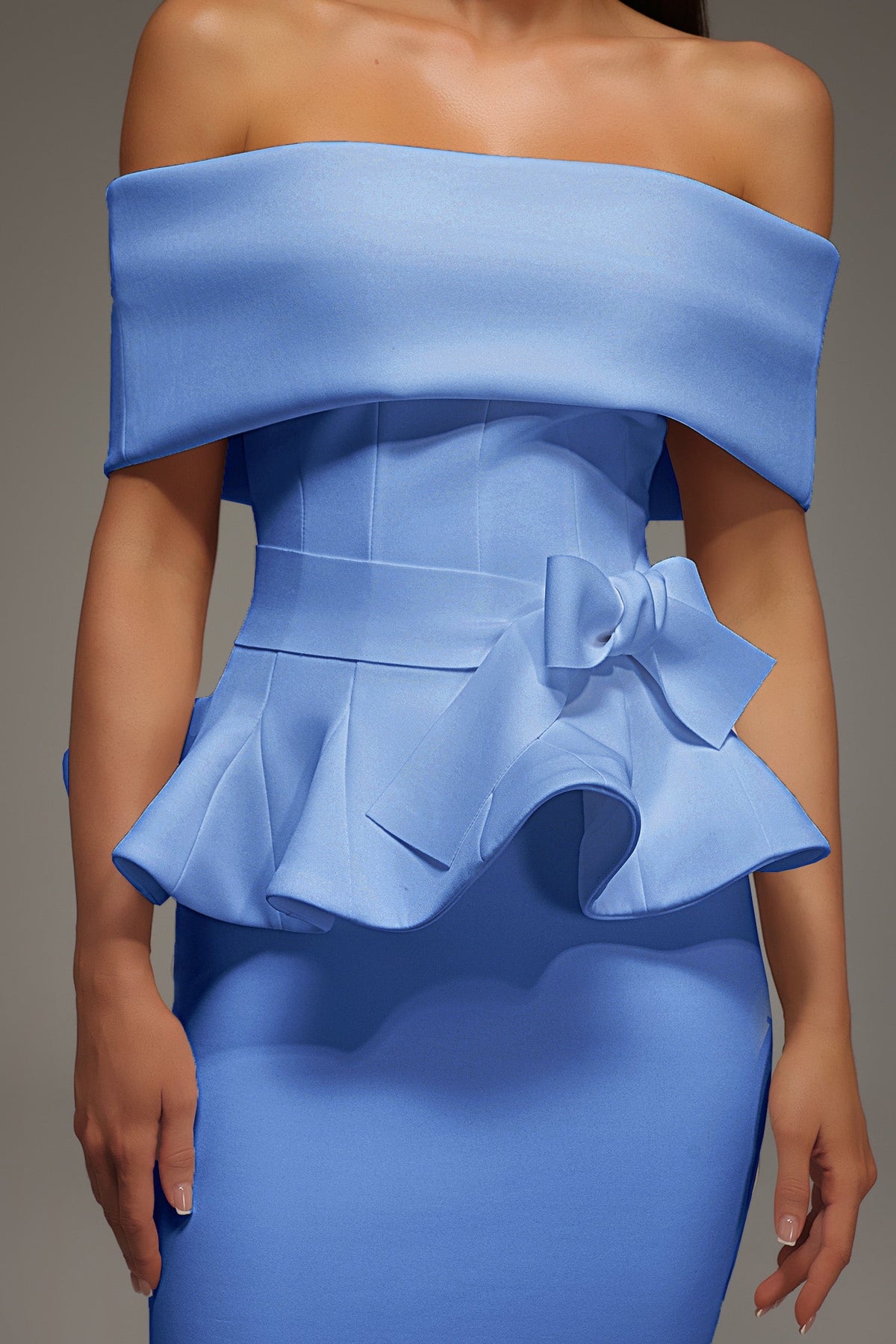 Eleanore Off The Shoulder Ruffled Edge Blue Midi Dress