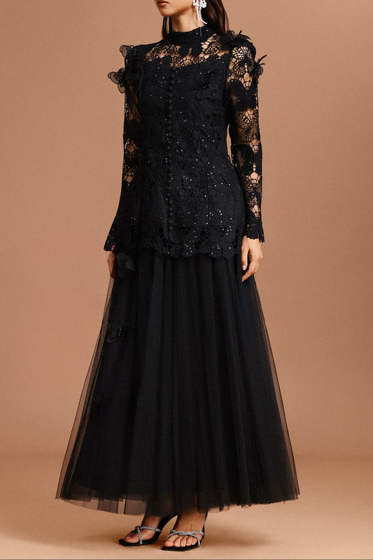 yvette black Long Sleeve Folds Lace Butterfly Top And Skirt Two-Piece Set