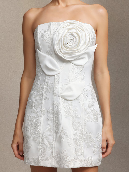 Strapless 3D Rose Floral Lace Mini Wedding Dress