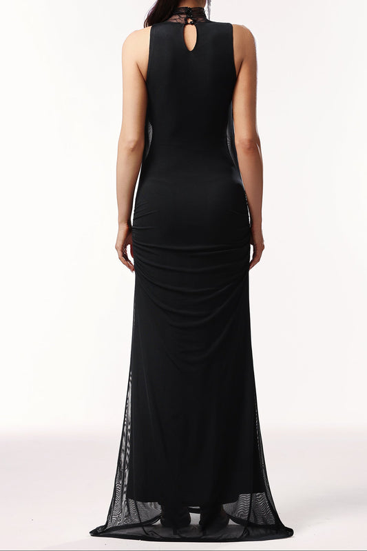 Guga Halter Sleeveless Lace Wrinkle Maxi Dress