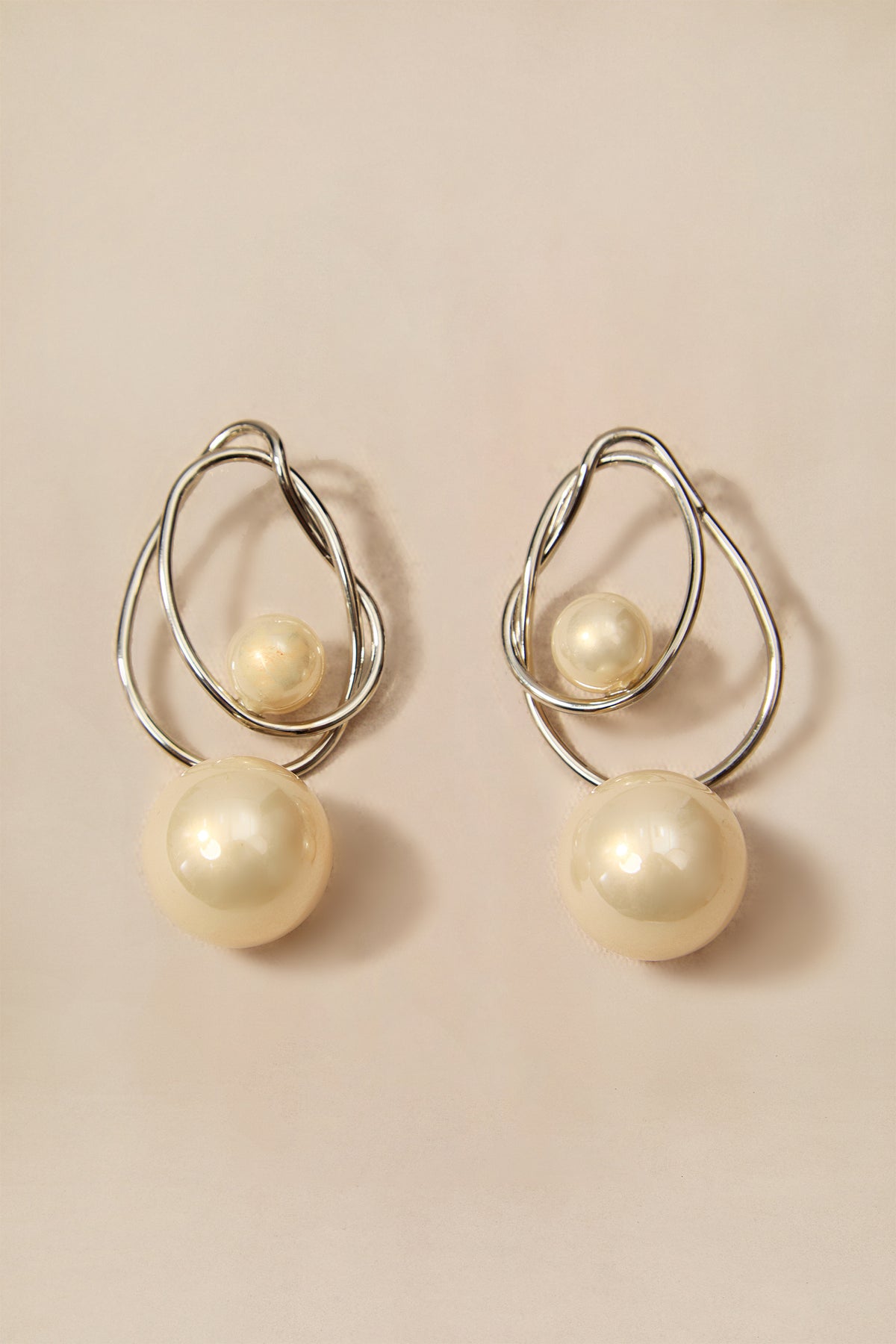Double Irregular Twisted Hoop Two-Size Pearl Drop Silver Earrings