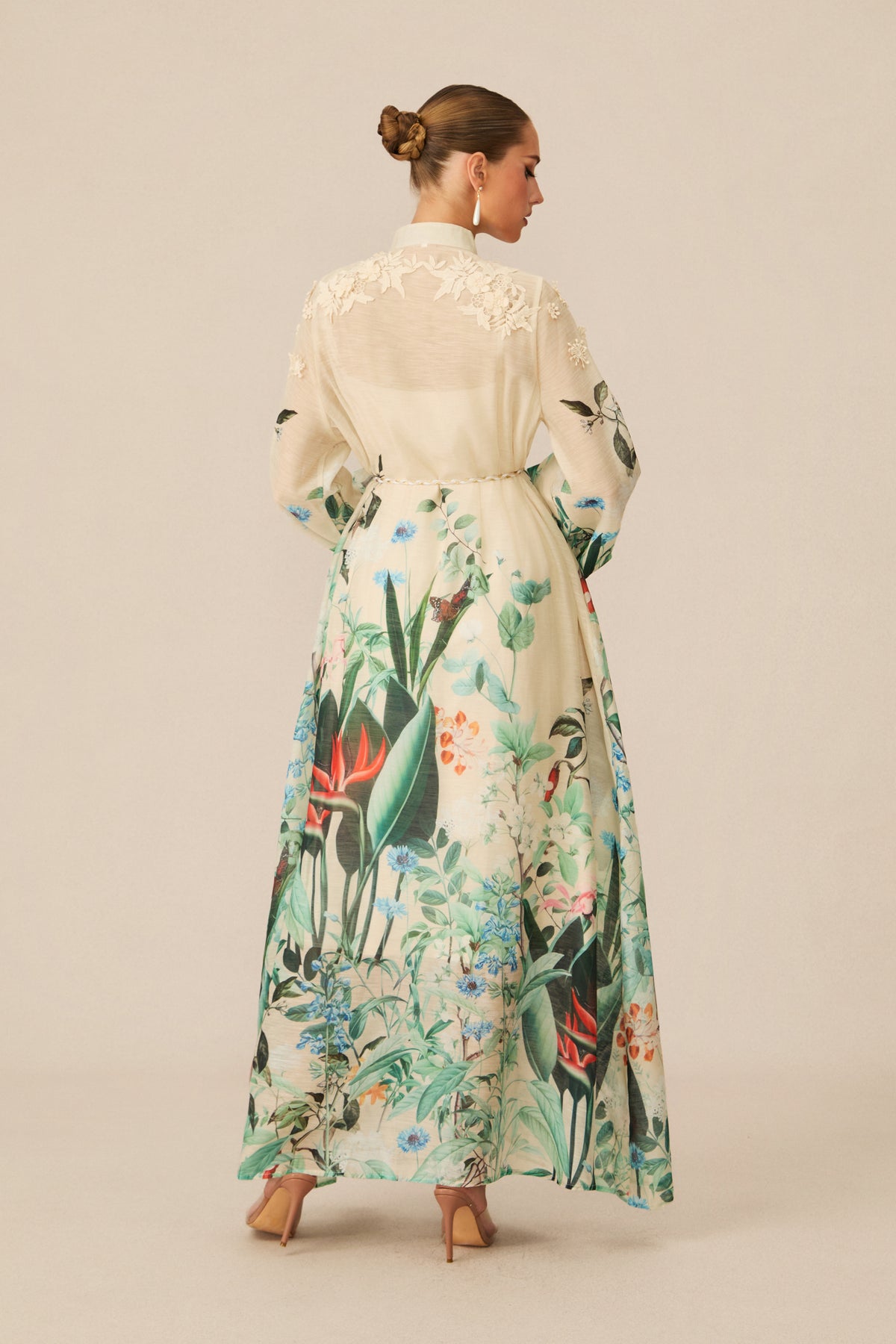Cream Tropical Floral 3D Lace Collar Balloon Sleeve Tassel Tie Waist Maxi Shirt Dress