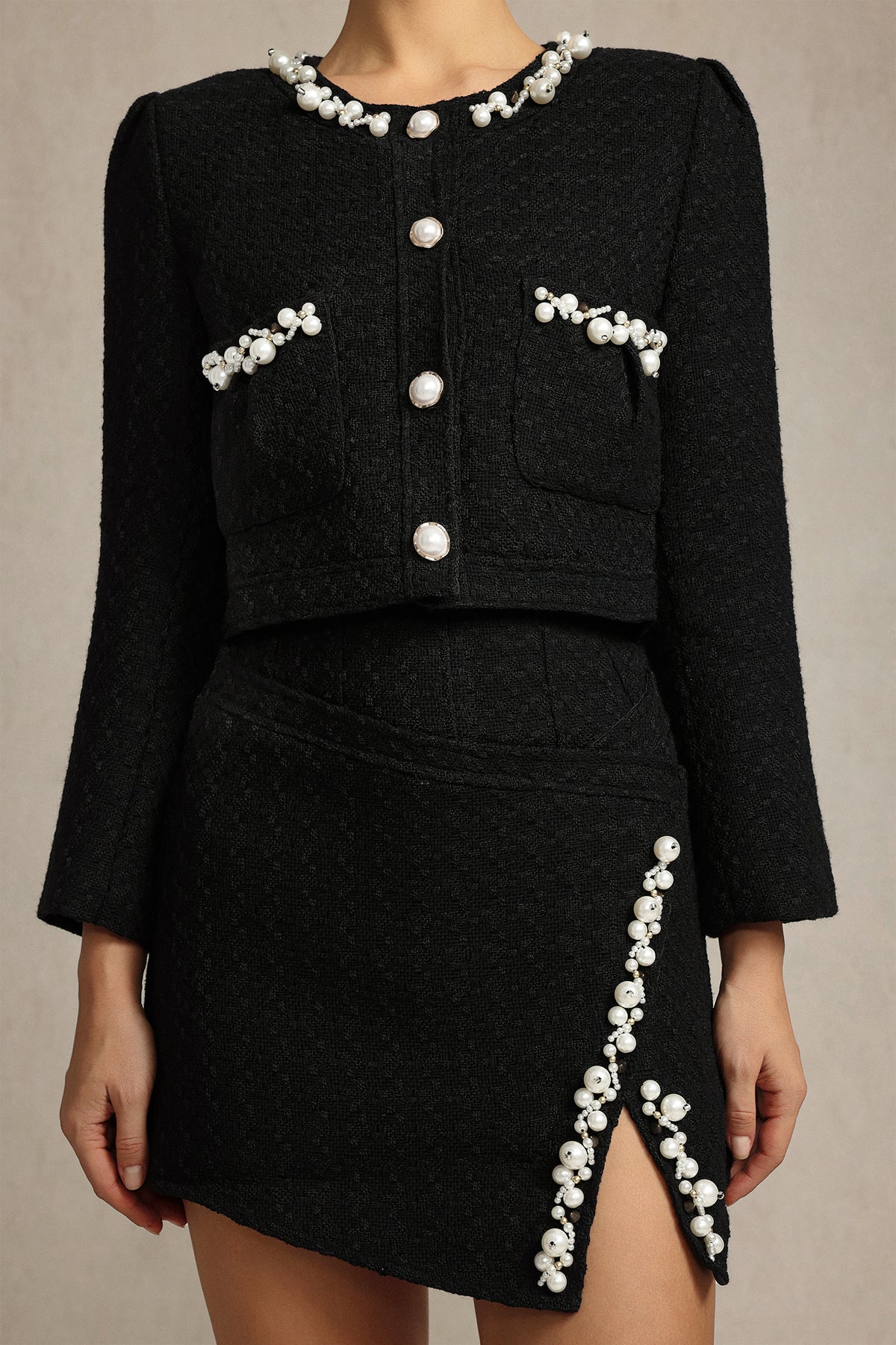 black grace Long Sleeves Pearl Top & Skirt Two-Piece Set