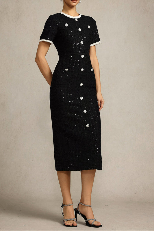 Round Neck Short Sleeves sequin Maxi Dress in black