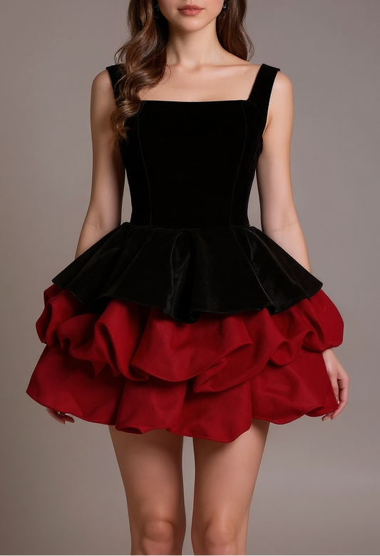 alexandra layer Wavy trim mini dress - black/red