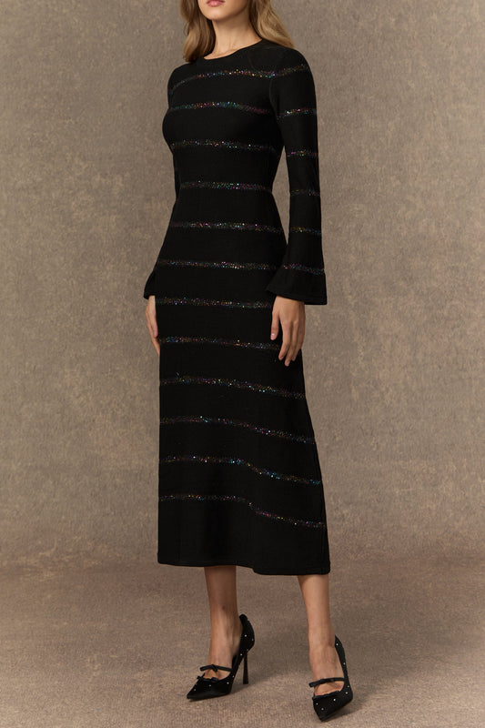 gloria Black Sequin Embellished Knit Midi Dress