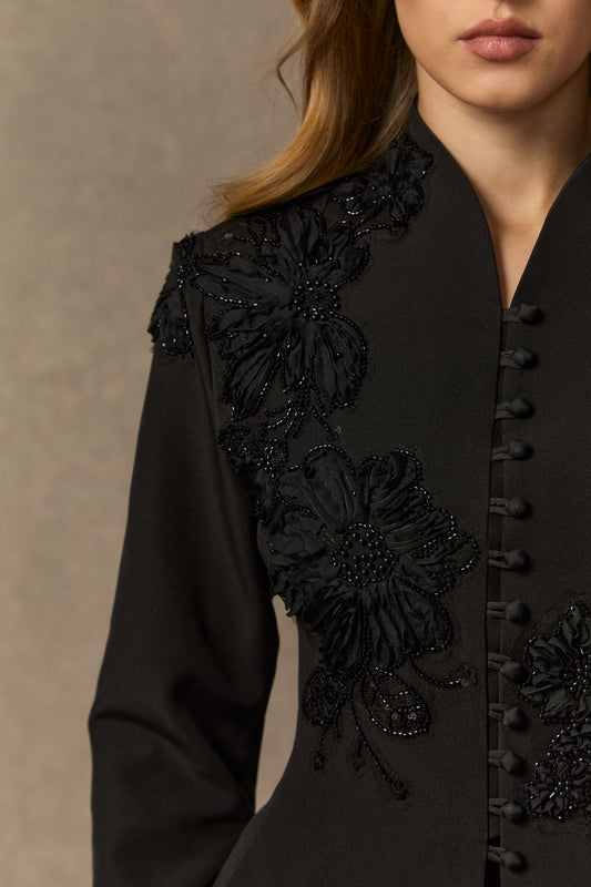 3D Beaded Floral Stand Collar Peplum Jacket & Pleated Chiffon Maxi Skirt Two-Piece Set