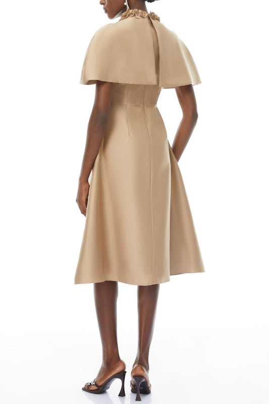 michelle Khaki Cape Satin Midi Dress