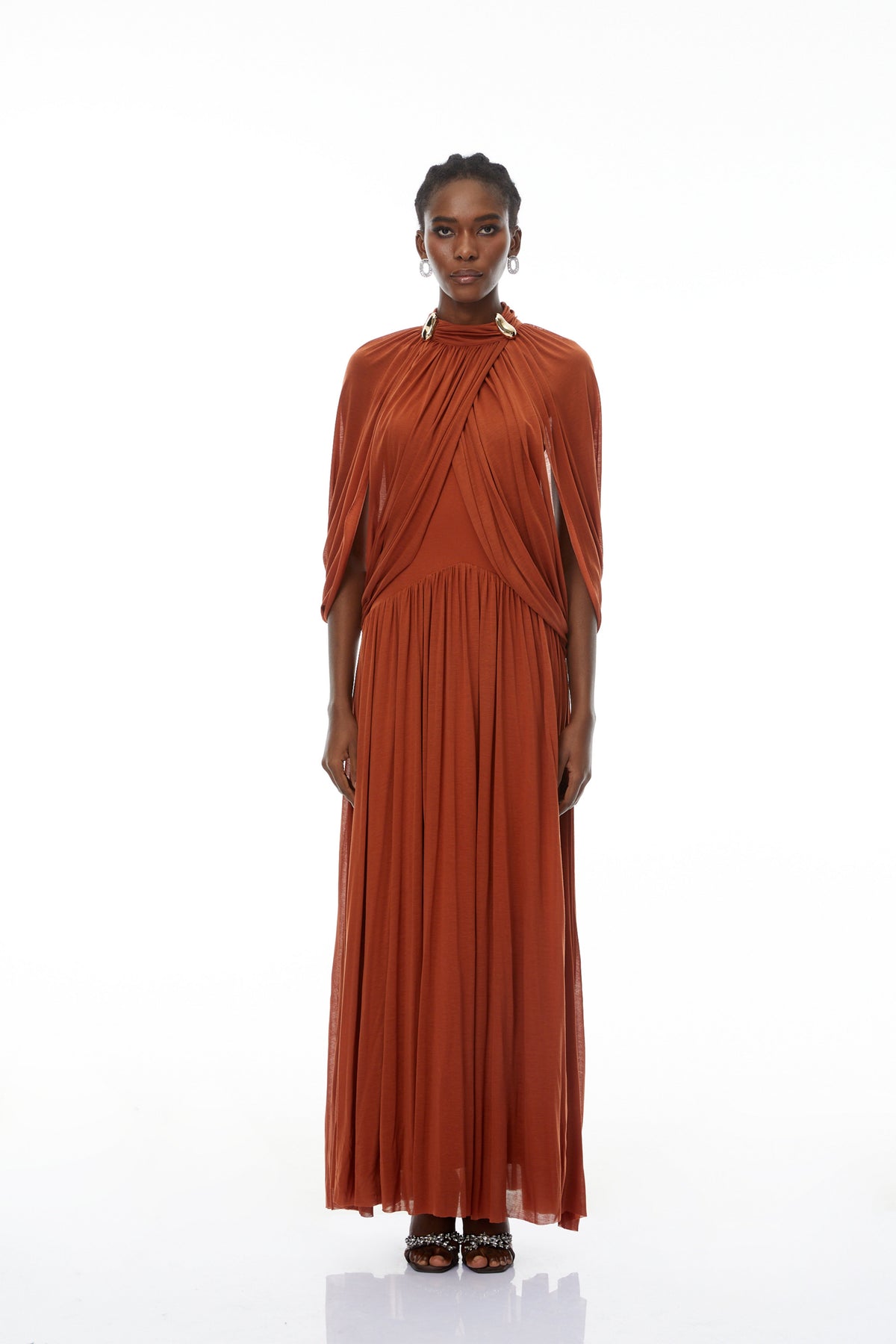 leona brown Draped Cape Sleeve Knit Maxi Dress