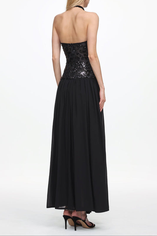 Encho Halter Ruched Mesh Sequin Maxi Dress