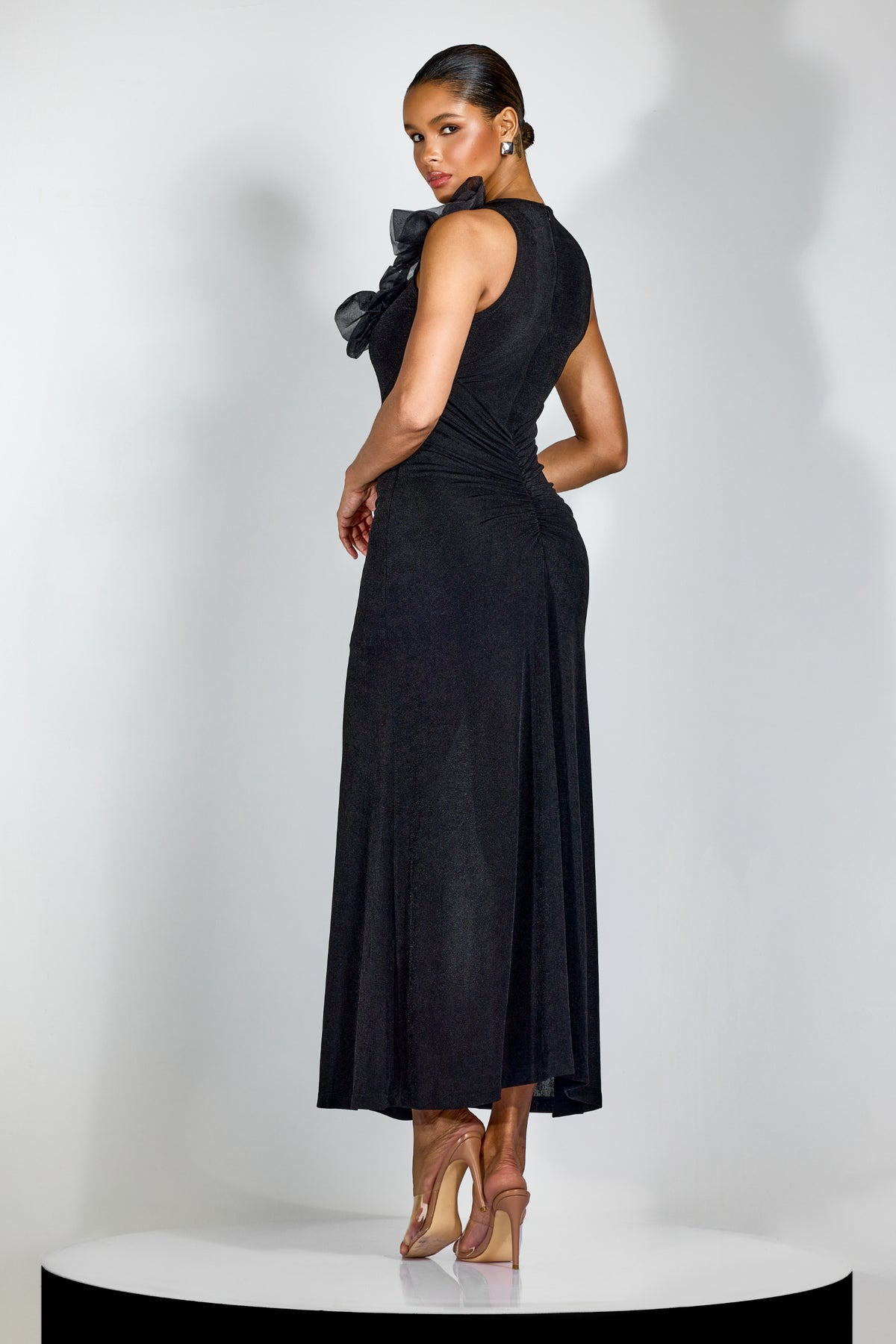 nicola Flower bow pleated bodycon maxi dress in black