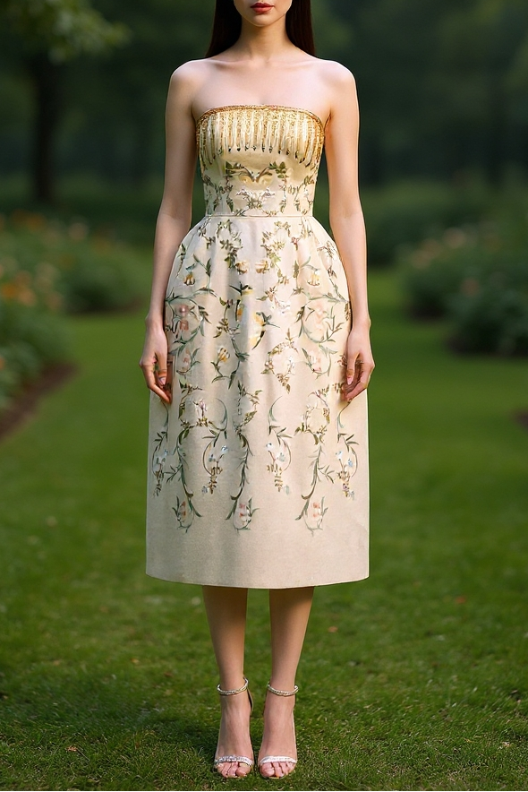 EMBROIDERED PRINTED MIDI DRESS IN BEIGE