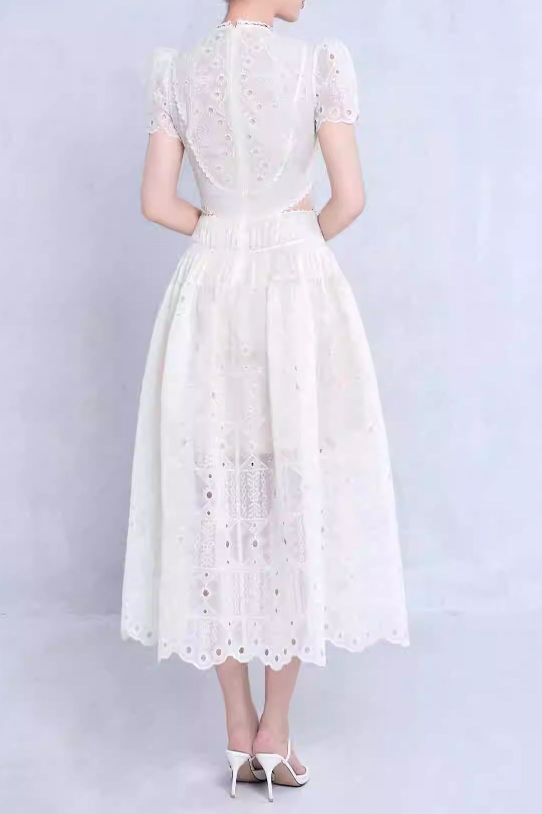 CUT OUT LACE DETAIL MIDI DRESS IN WHITE
