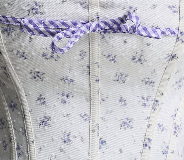 White Purple Floral Gingham Bow Strapless Corset & Mini Skirt Two-Piece Set