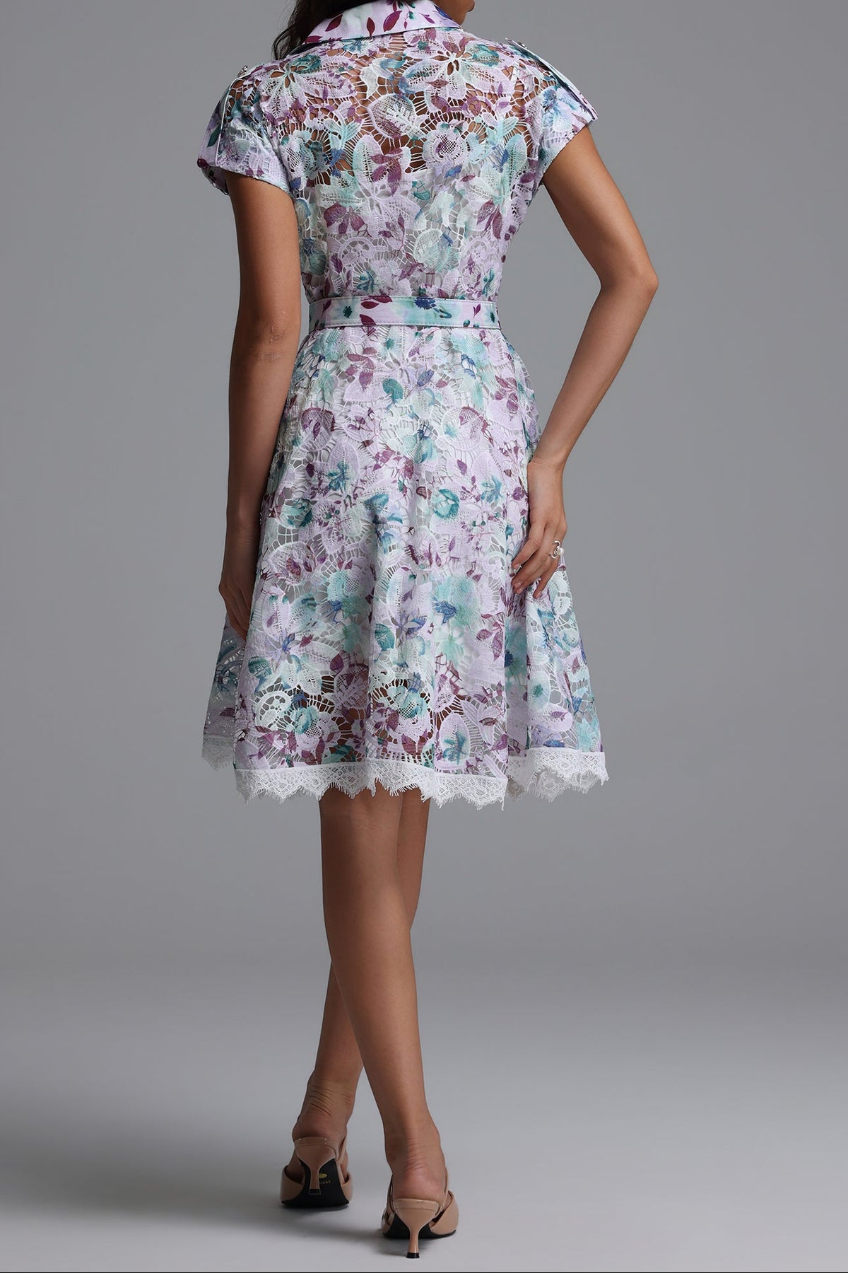 Pastel Floral Lace Collared Fit & Flare Midi Dress with Belt
