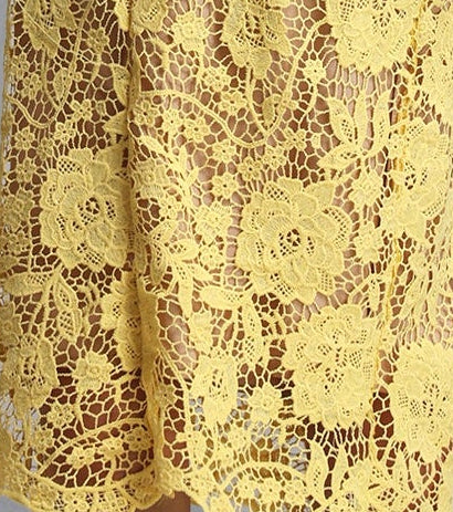 Lemon Yellow Floral Lace Peplum Midi Dress with Lapel Collar & Crystal Buttons