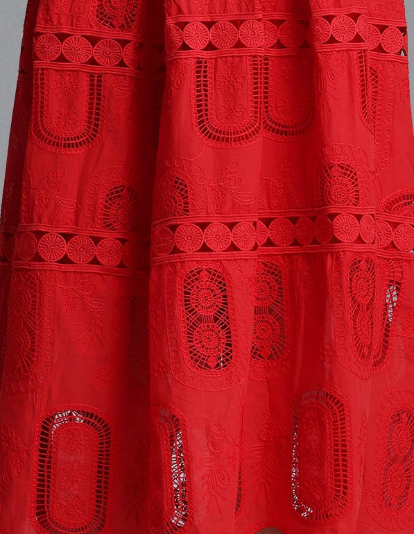 Red Ruffle Spaghetti Strap V Neck Cutout Eyelet Crop Top High Waist Tiered Maxi Skirt 2 Piece Outfit
