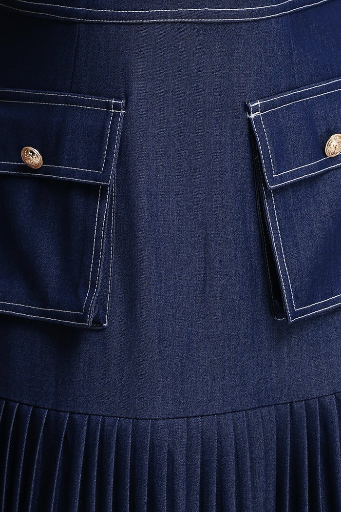 Dark Denim Sleeveless Cargo Pocket Shirt Top Pleated Midi Dress