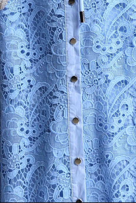 Sky Blue Sleeveless Tie Neck Cargo Pocket Floral Lace Midi Shirt Dress