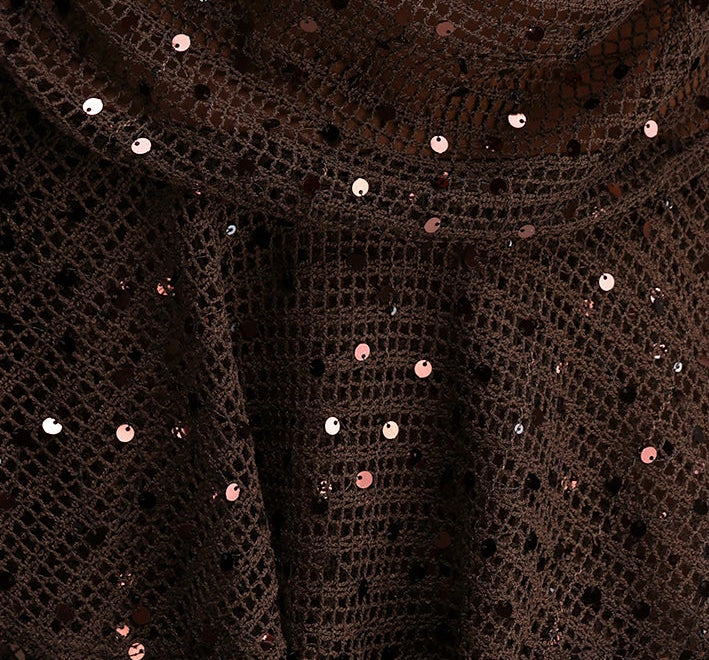 Brown Sequin Crochet Halter Cowl Neck Ruffle Mini Dress