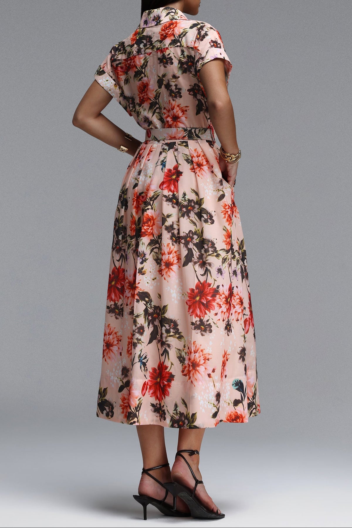 Light Pink Red Floral Print Collared Short Sleeve Belted Midi Shirt Dress