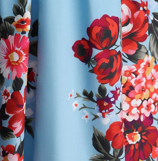 Light Blue Large Red Floral Wide Strap Sweetheart Flowy Midi Dress