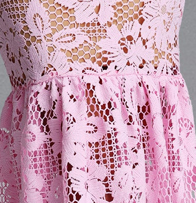 Pink Hollow Floral Crochet Lace Thin Spaghetti Strap Scalloped Neck Fishtail Mermaid Midi Dress