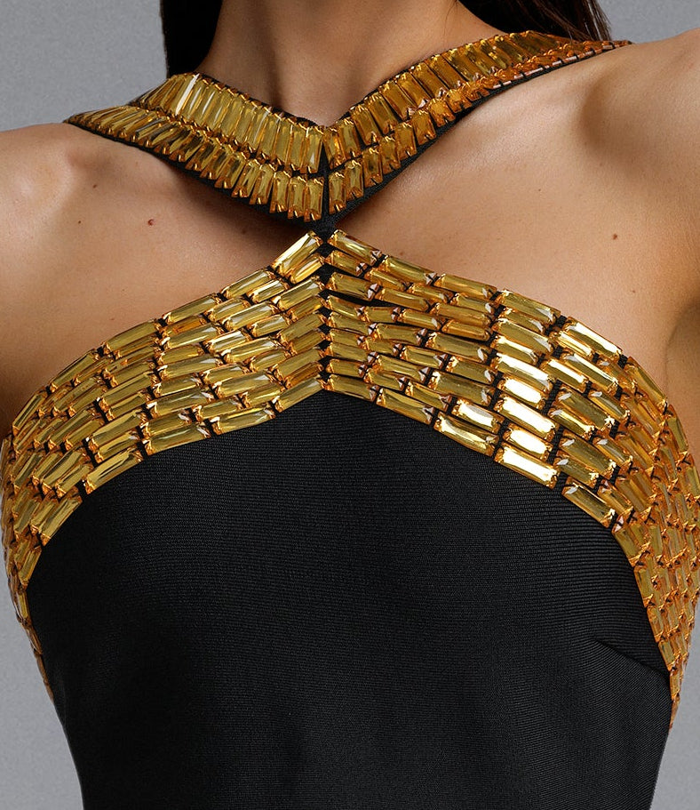 Black Cutout Halter Neck Hand-Woven Gold Metallic Embellished Slim Pencil Midi Formal Dress