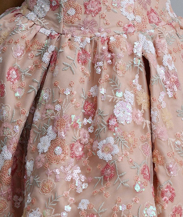 Blush Pink Sheer Tulle 3D Sequin Floral Embroidery Spaghetti Strap Corset Flared Skirt Mini Dress
