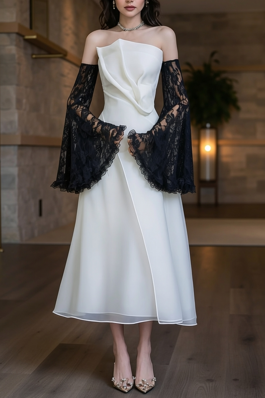 Strapless Layered Organza Midi Dress In White With Black Arm Sleeves