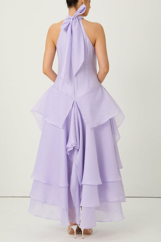 linda Purple Halter Neck Tiered Ruffle Maxi Dress