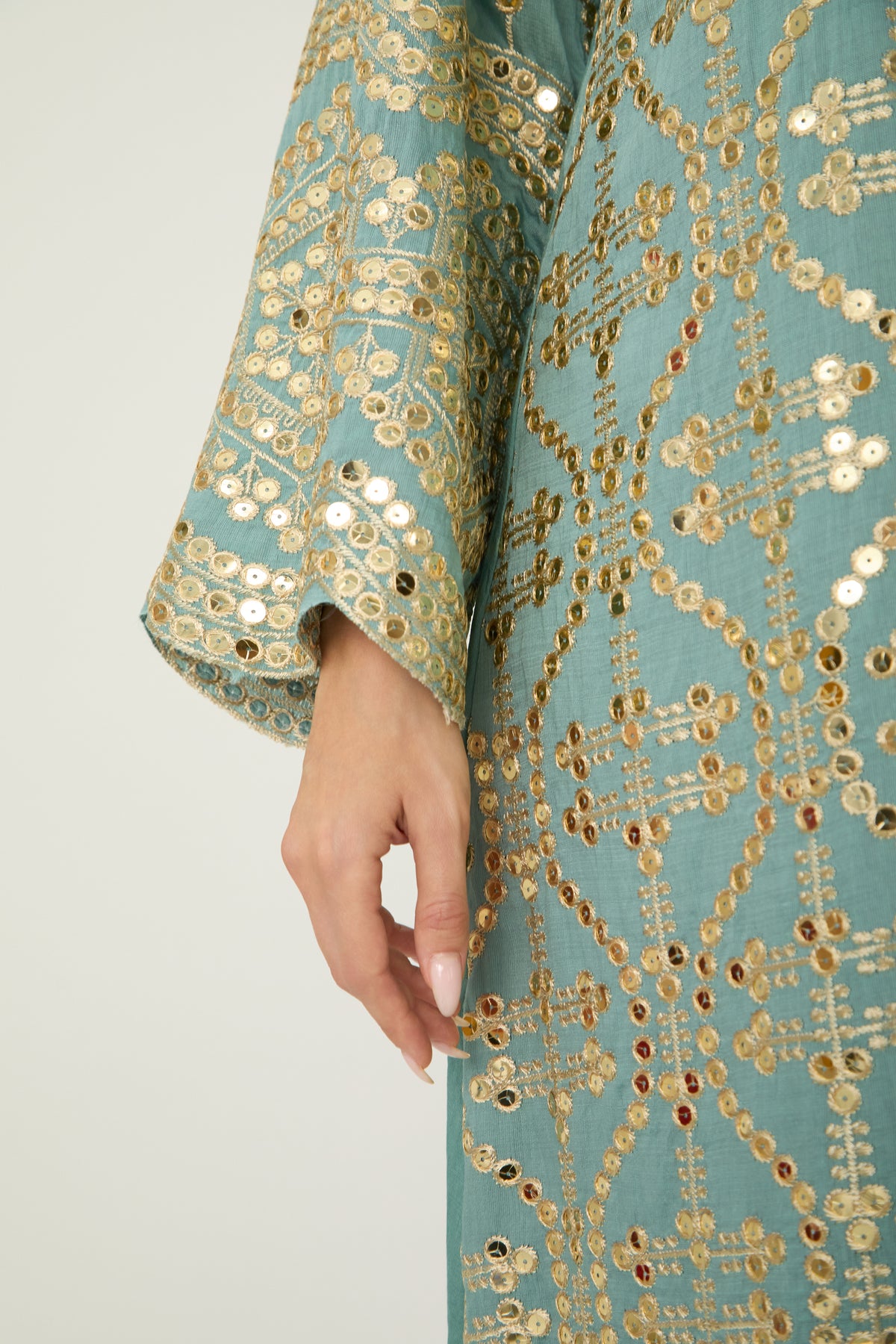 Sage Green Gold Sequin Embroidered Stand Collar Flare Sleeve Midi Kaftan Dress