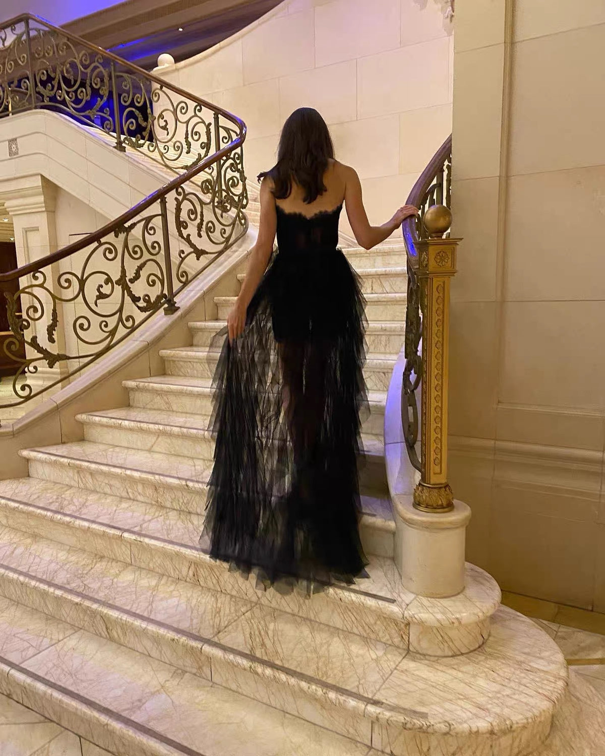 BLACK STRAPLESS LACE PATCHWORK MESH MAXI DRESS
