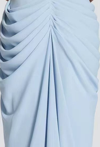 Light Blue Strapless Ruched Draped High Side Slit Train Maxi Formal Dress