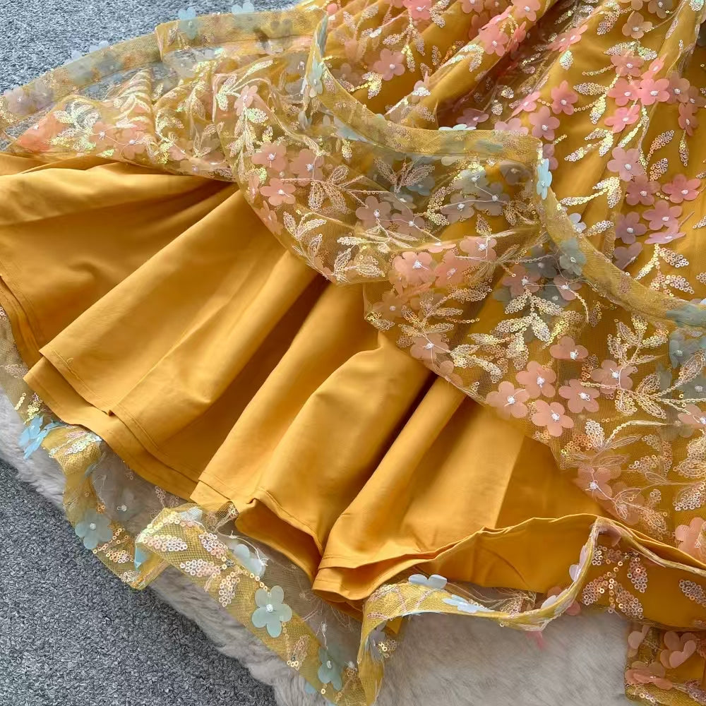 Mustard Halter Neck Sleeveless 3D Floral Embroidery Sheer Tulle Flared Midi Dress
