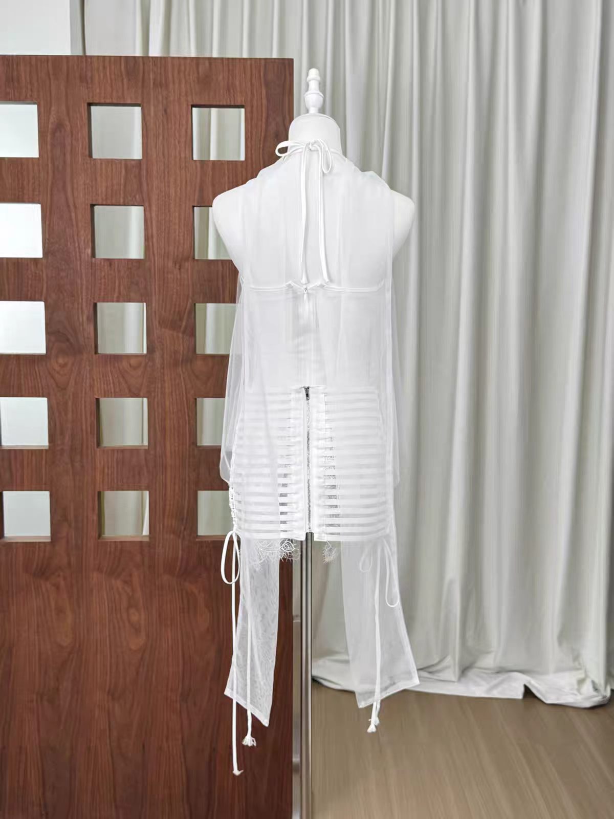 White High Neck Halter Sheer Mesh Lace Top Side Lace-Up Bandage Mini Skirt 2 Piece Outfit