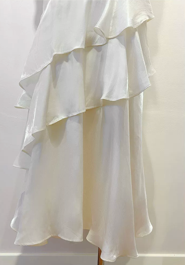 Off Shoulder Twist Ruched Tiered Ruffle Satin Maxi Dress