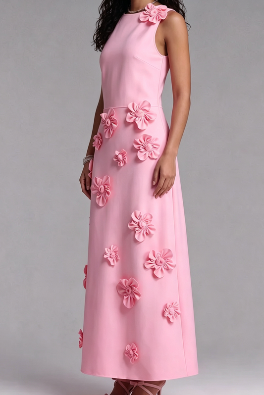 Sleeveless Round Neck 3D Floral Appliqué Straight Midi Dress