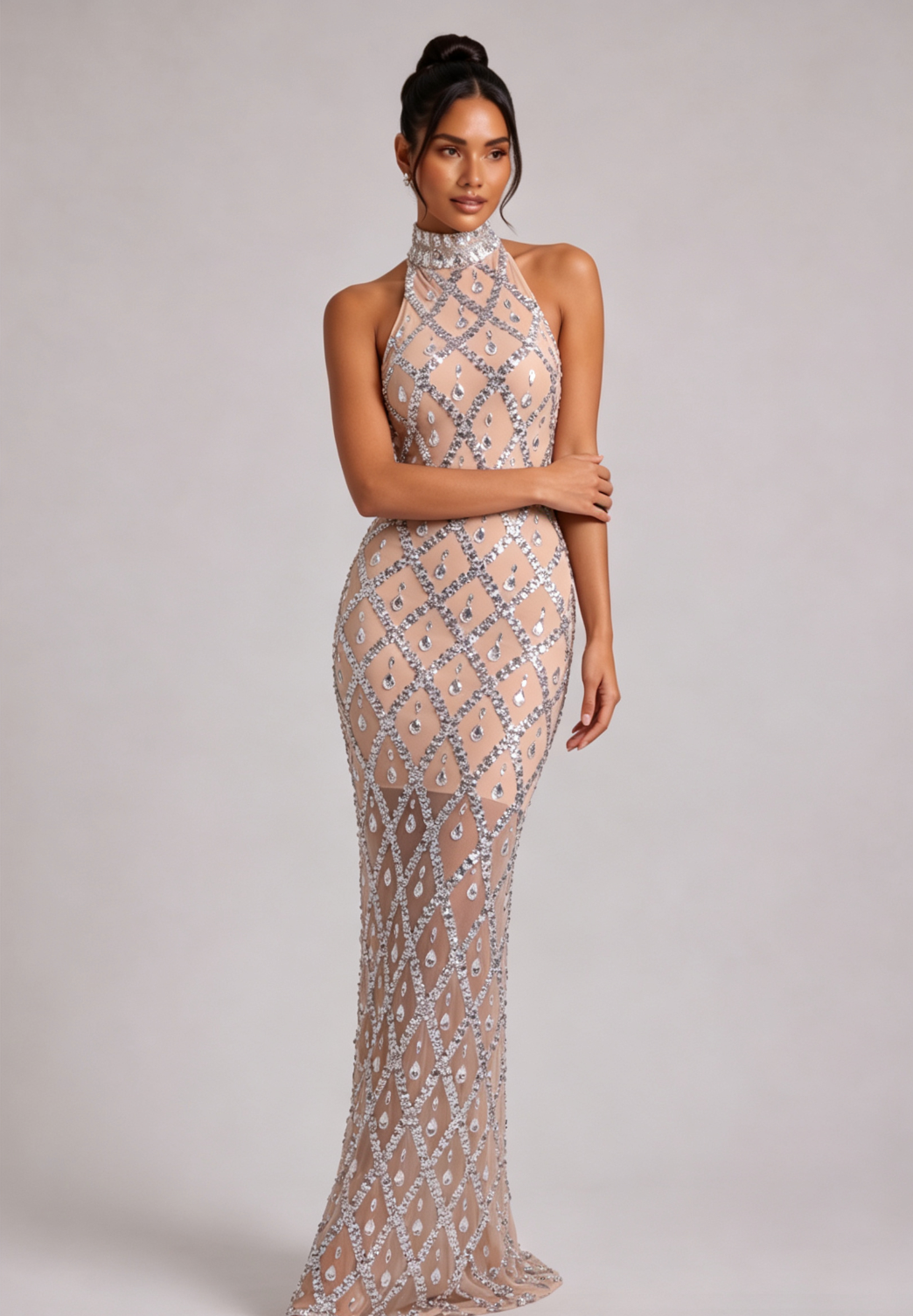 Silver Crystal Halter Neck Floor-Length Gown Premium Fabric - product view 5