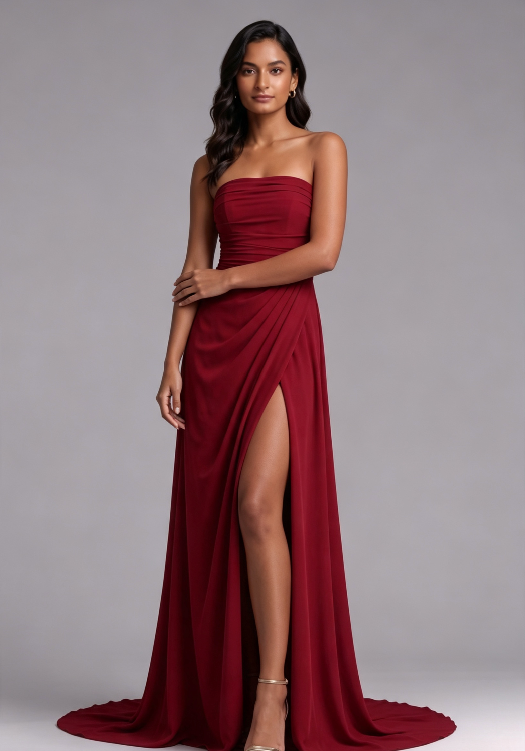 Deep red Chiffon or lightweight crepe Draped column with high slit Evening gown