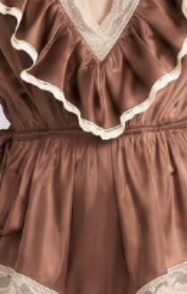 bronze brown satin semi-fitted with cinched waist and ruffled details romper